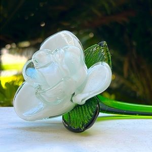 Vintage Murano Glass White Long Stem Rose